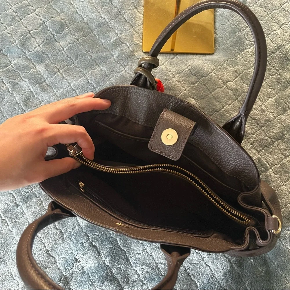 Chic Dark‎ Brown genuine leather Satchel with Red Accent